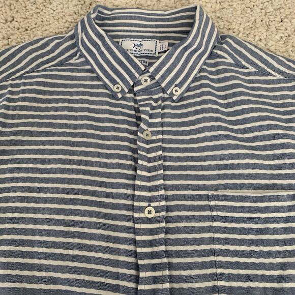 Southern Tide Shirt Mens Large Blue Striped Short Sleeve Button Up Woven Cotton - Picture 6 of 6